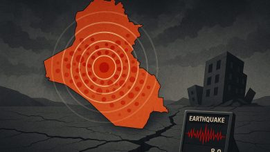 خريطة توضح توزيع الهزات الأرضية في العراق خلال أكتوبر 2025، خاصة في السليمانية وديالى وأربيل.