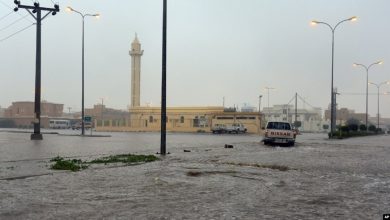 Saudi schools closure announcement due to severe weather, expressive wide-angle scene”