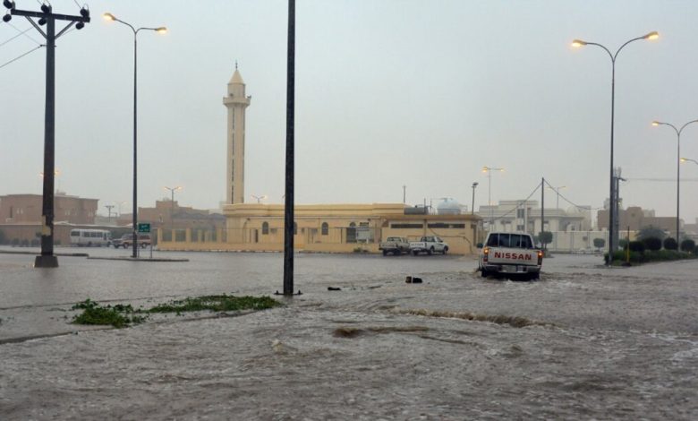 Saudi schools closure announcement due to severe weather, expressive wide-angle scene”